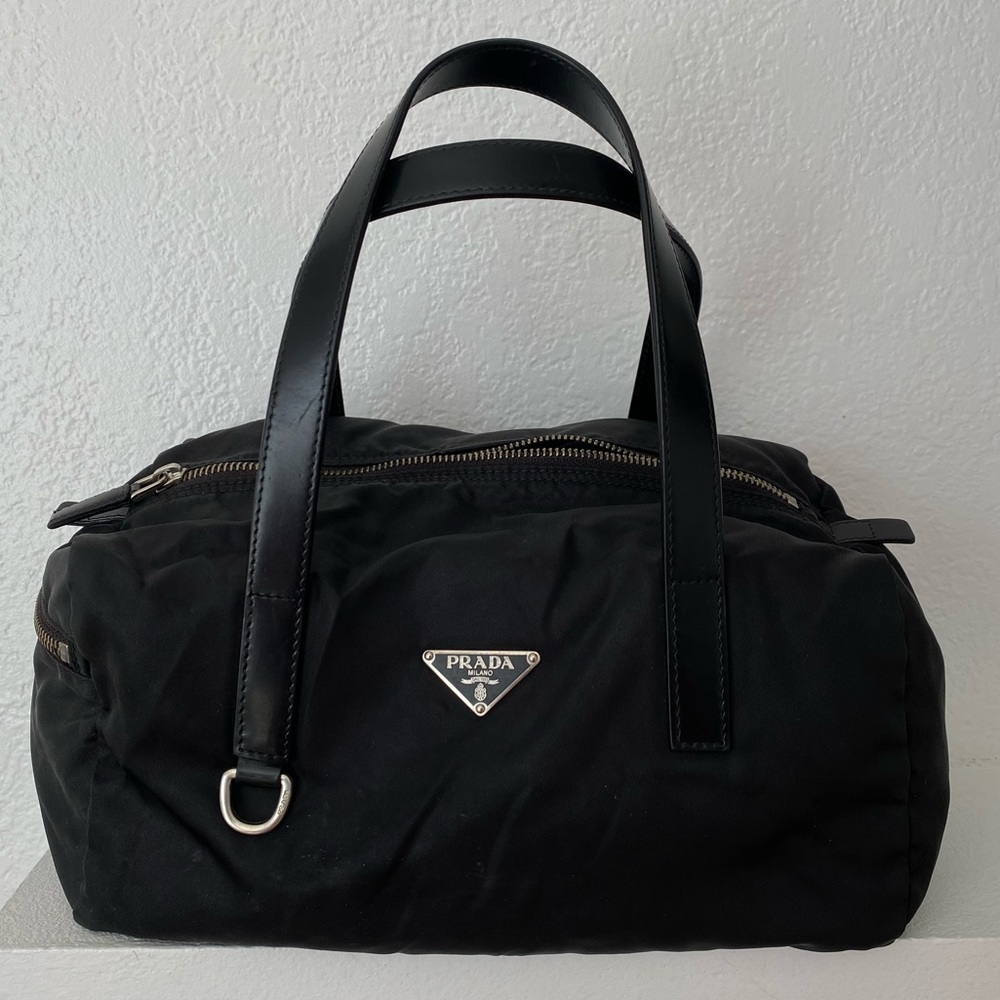 Prada black nylon duffle satchel bag